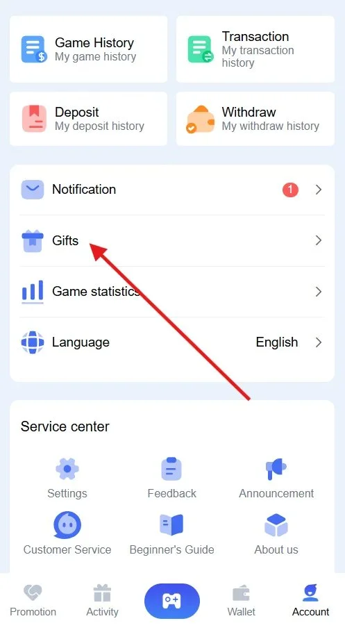 Click on the gift code option
